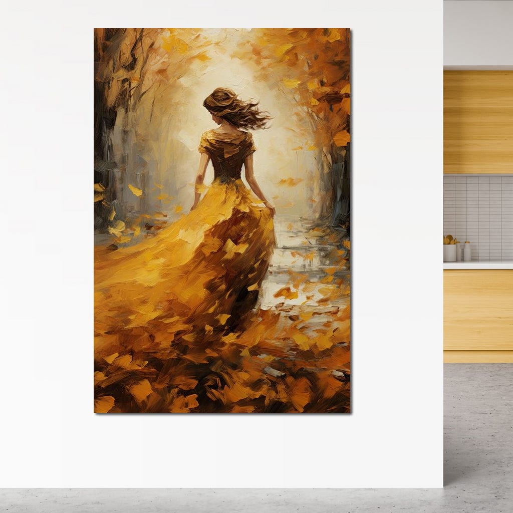 Imagine cu tablou canvas cu femeie in rochie galbena, tiparita pe panza canvas