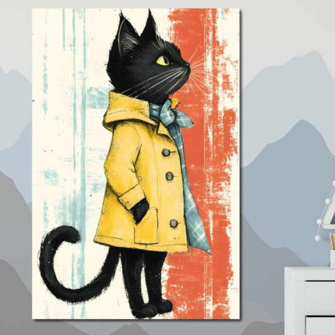 Tablou Canvas Premium, LuxCanva® K1028, Pisica Fashion,  Plimbare, Toamna, Eleganta, Felina, Ploaie, Haina, Pelerina, Galben, Pisici, Stilizare, Gradinita, Loc de Joaca, Camera Copii