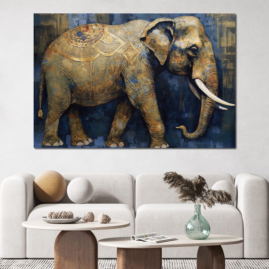 tablou canvas cu un elefant decorat in stil oriental, redat din profil intr-o paleta de tonuri pamantii si albastre, pe funda