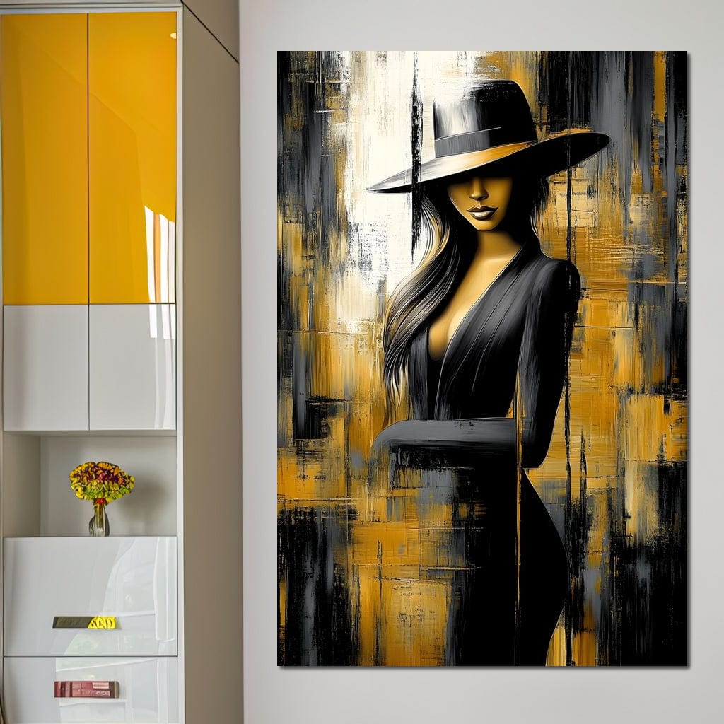 Tablou Canvas Premium, LuxCanva® G1173, Trecatoare prin Lumina, Oras, Necunoscuta, Boruri, Palarie, Silueta, Feminina, Auriu, Conceptual, Estetica, Cinematografic, Birou, Living, Dormitor