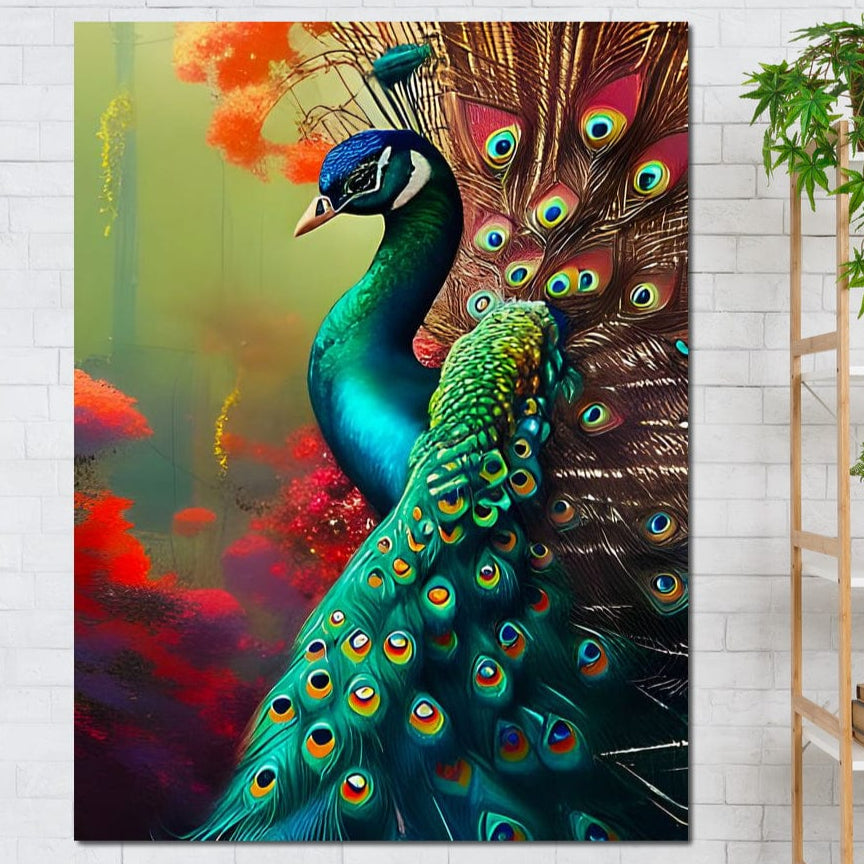 tablou canvas cu un paun in culori vii si fundal de poveste