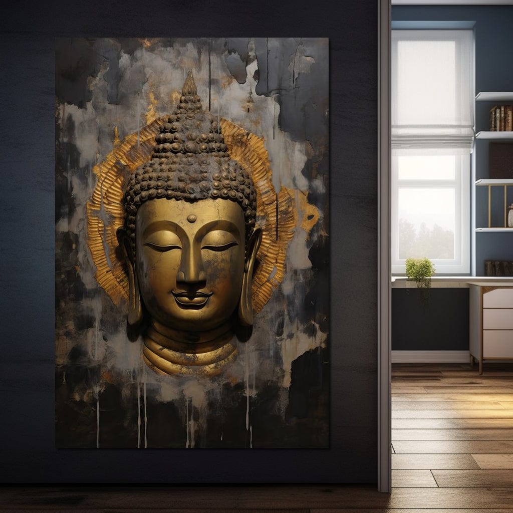 Tablou Canvas Premium LuxCanva® I124, Aura Linistii, Buddha, Zen, Iluminare, Pace Interioara, Spiritualitate, Armonie, Meditatie, Liniste, Urna, Fum, Gold, Living, Dormitor