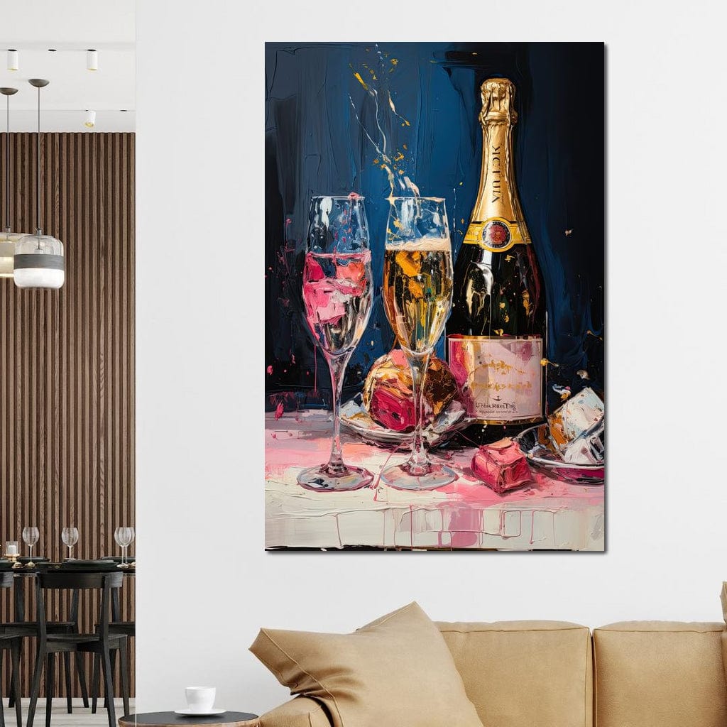 tablou canvas cu o sticla si doua pahare de sampanie, pictate intr-un decor de petrecere
