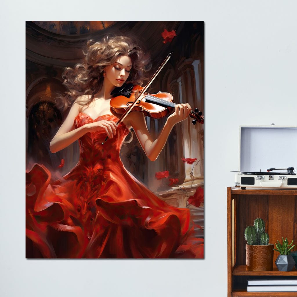 Tablou Canvas Premium LuxCanva® G1049, Rapsodie in Rosu , Vioara, Muzica, Eleganta, Muza, Pasiune, Rochie, Rosie, Living, Dormitor, Culori Vibrante