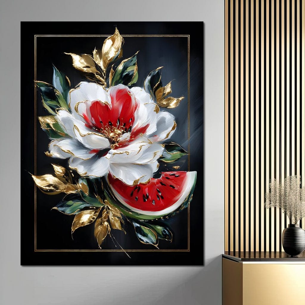 tablou canvas cu o floare alba, o felie de pepene verde si frunze aurii pe fundal negru cu accente aurii