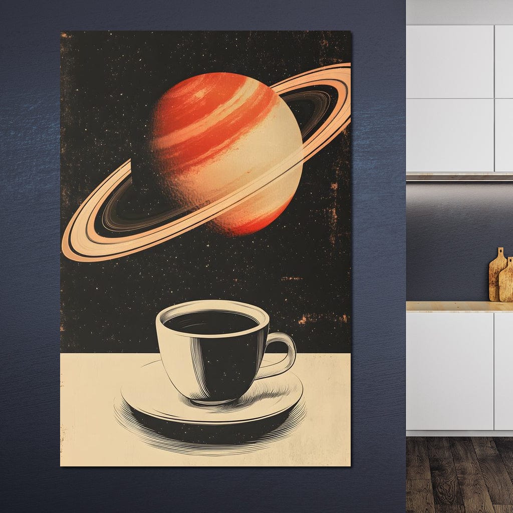 tablou canvas cu o ceasca alba cu cafea, pe fundal cosmic cu planeta Saturn inconjurata de stele