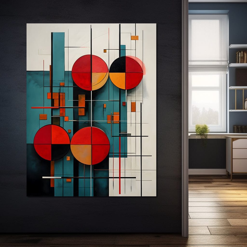 Tablou Canvas Premium, LuxCanva® J1005, Baletul Cercurilor, Coregrafie, Simfonie, Armonii, Compozitie, Circular, Rosu, Turcoaz, Echilibru, Bauhaus, Living, Dormitor