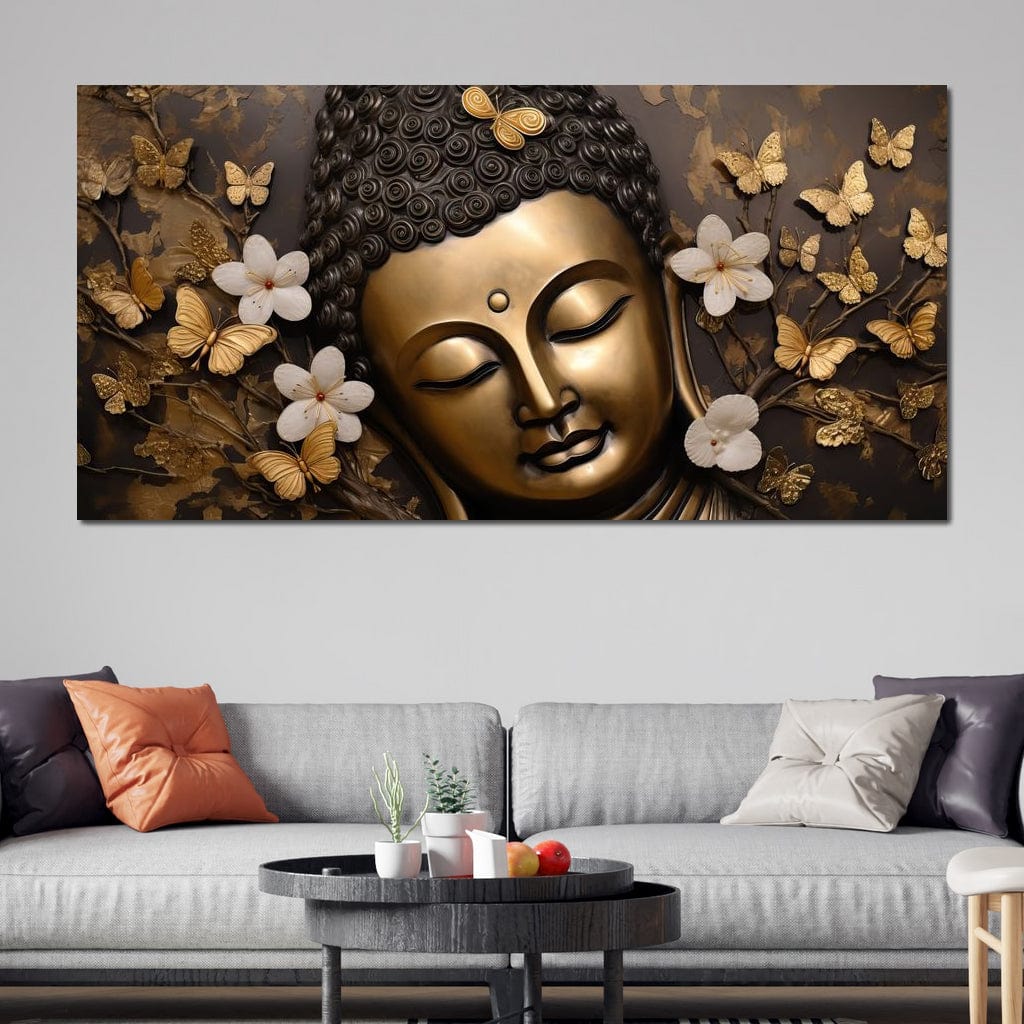 Tablou Canvas Premium LuxCanva® I141, Aura Meditatiei, Buddha, Zen, Echilibru, Meditatie, Spiritualitate, Contemplare, Armonie, Flori, Fluturi, Gold, Living, Dormitor