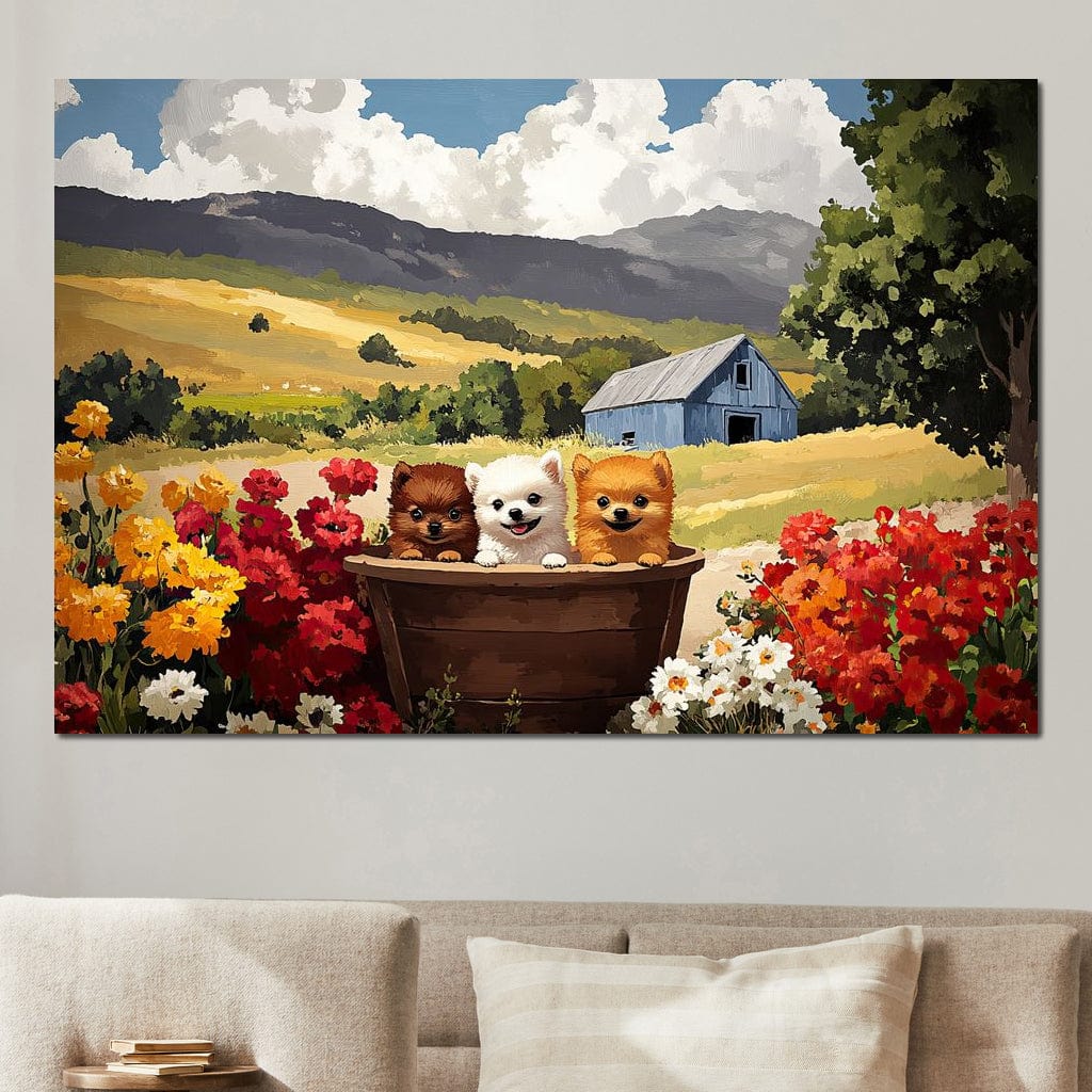 tablou canvas cu trei catelusi intr-un butoias de lemn in mijlocul unei gradini inflorite, pe fundal de dealuri aurii si un h