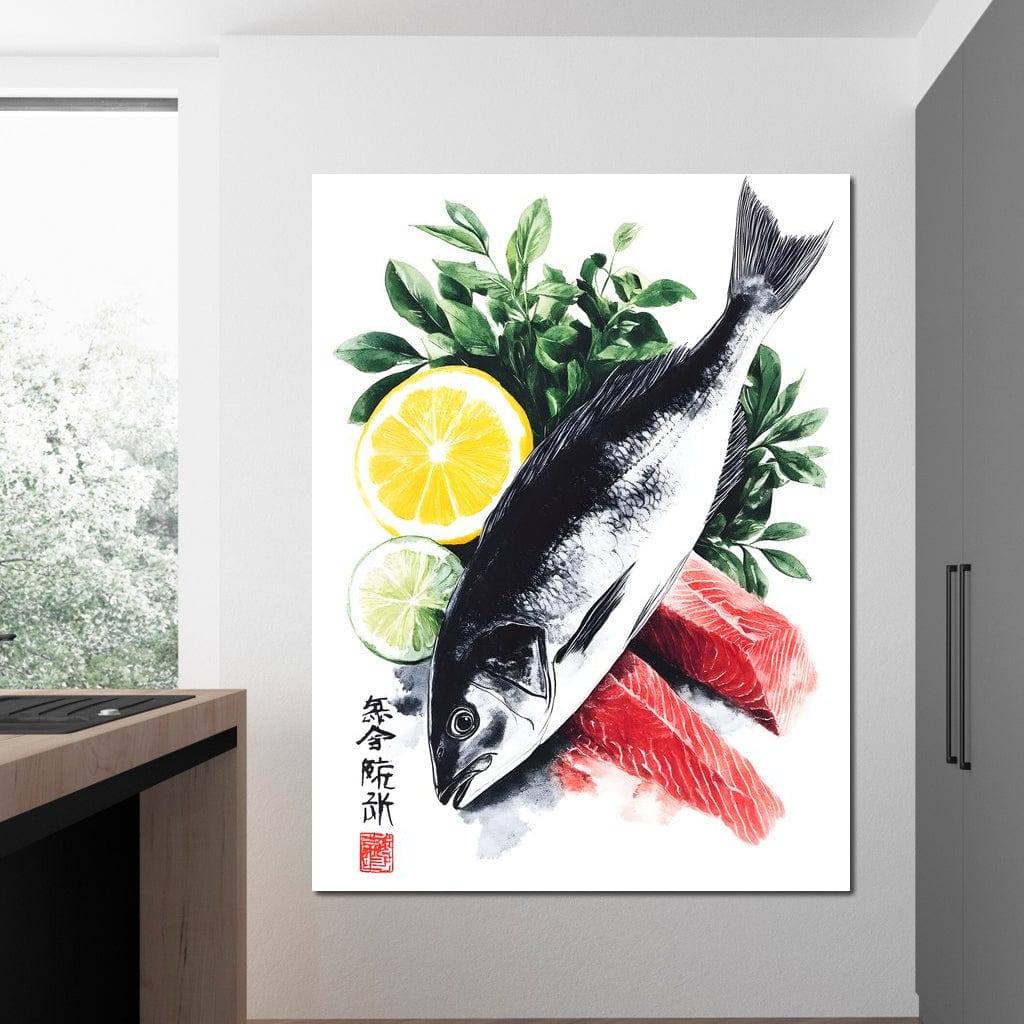tablou canvas cu un peste, sashimi si lamaie, pe fundal deschis cu verdeturi si litere japoneze