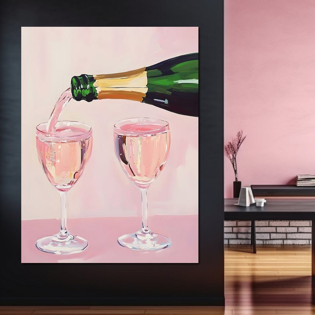 tablou canvas cu o sticla de sampanie, turnand in doua pahare, pe fundal roz pastelat