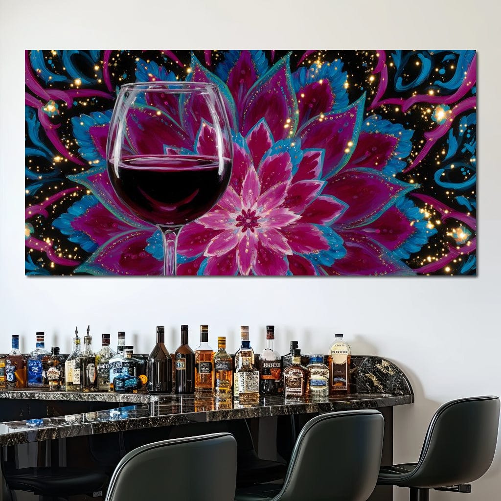 tablou canvas cu un pahar de vin rosu, pe fundal abstract cu o floare roz pictata sub forma de mandala cu sclipiri aurii