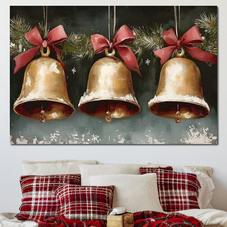 Tablou Canvas Premium, LuxCanva® D1084, Ecoul Sarbatorilor, Clopote, Craciun, Auriu, Rosu, Fructe, Brad, Verde, Magie, Sunet, Ramuri, Traditie, Bucurie, Decembrie, Feeric, Camera Copil, Living, Dormitor