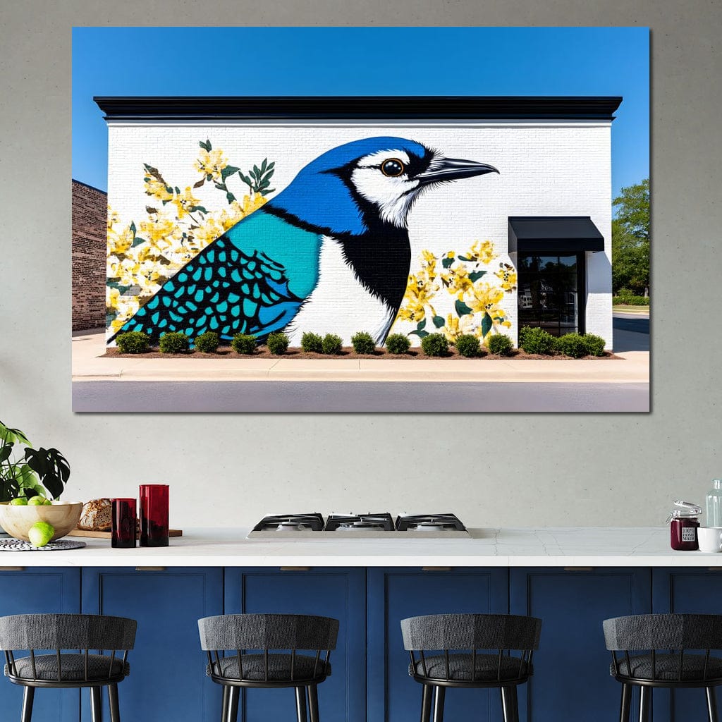 tablou canvas cu o pasare albastra pe peretele alb al unei cladiri, decorat cu flori galbene in stilul unei picturi murale
