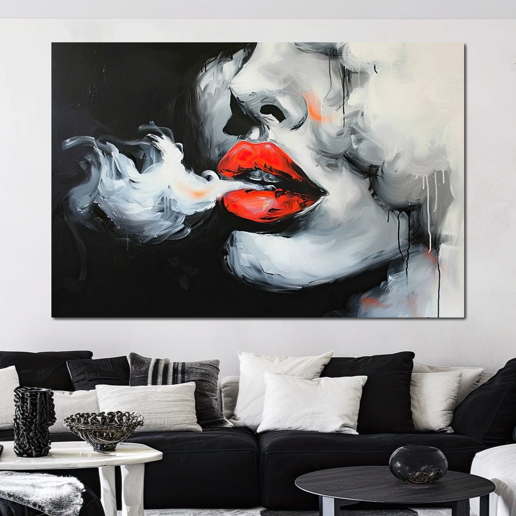 Tablou Canvas Premium, LuxCanva® G1190, Arome Interzise, Buze, Rosu, Fum, Tutun, Tigara, Abur, Pasiune, Bar, Noapte, Catifea, Foc, Seductie, Ceata, Oras, Club, Birou, Living, Dormitor