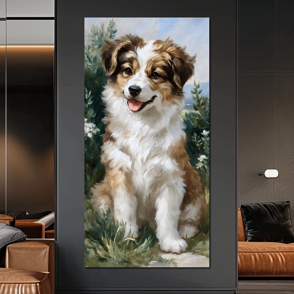 tablou canvas cu un catel blanos, pictat realist in nuante calde de maro si alb, intr-un decor natural cu frunze si flori