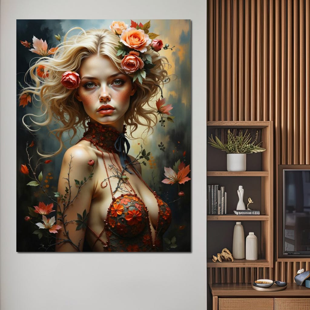 Tablou Canvas Premium, LuxCanva® G1167, Femeia din Padure, Fantastic, Flori, Natura, Romantic, Mistic, Zeita, Boem, Basm, Salbatica, Rochie, Florala, Contopire, Blonda, Birou, Living, Dormitor