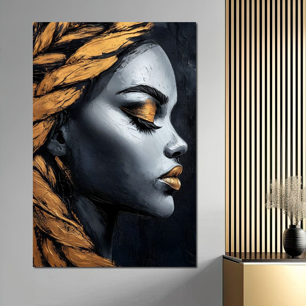 Tablou Canvas Premium, LuxCanva® G1146, Femeia cu Profil de Aur, Arta, Moderna, Pictura, Contemporan, Auriu, Modern, Alb, Negru, Eleganta, Impletitura, Birou, Living
