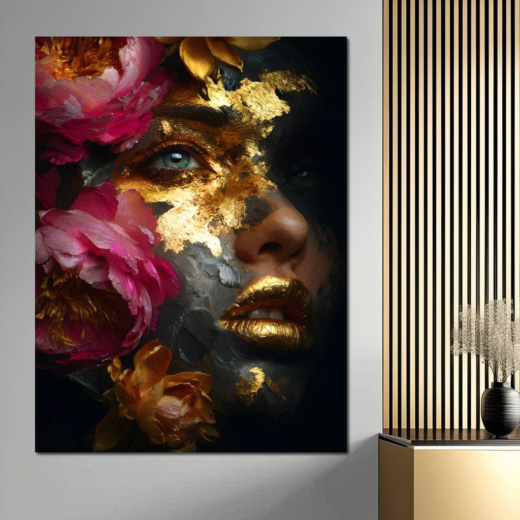 Tablou Canvas Premium, LuxCanva® G1221, Persefona de Aur, Auriu, Fucsia, Flori, Divinitate, Aurora, Zeita, Transformare, Putere, Feminina, Mister, Exotic, Enigma, Pasiune, Salon, Birou, Living, Dormitor