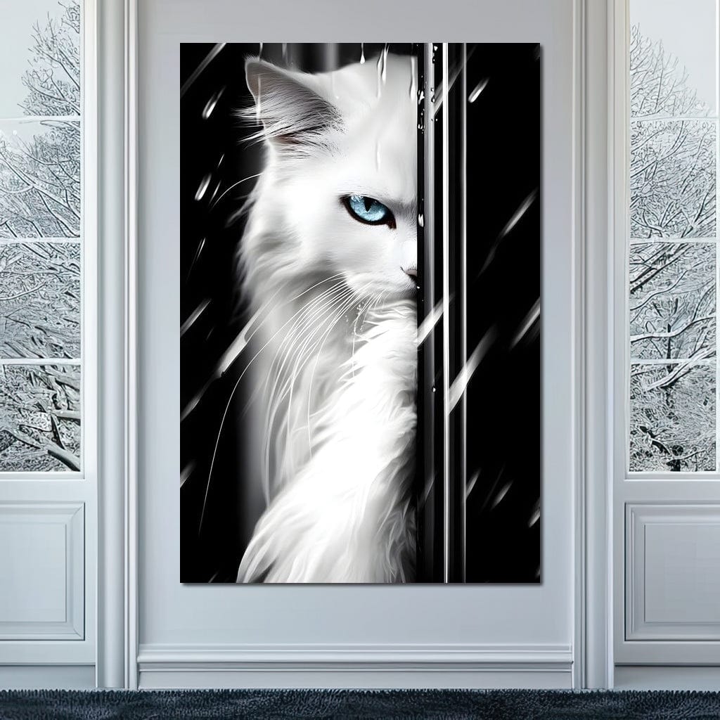 tablou canvas cu o pisica alba cu ochi albastri si privire patrunzatoare, pe fundal negru