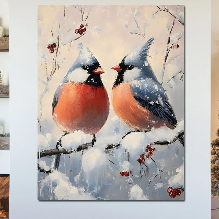 Tablou Canvas Premium, LuxCanva® D1109, Iubire Printre Fulgi, Cantec, Pereche, Iarna, Natura, Padure, Copac, Ramura, Cardinali, Cuplu, Iubire, Armonie, Pace, Zapada, Living, Dormitor