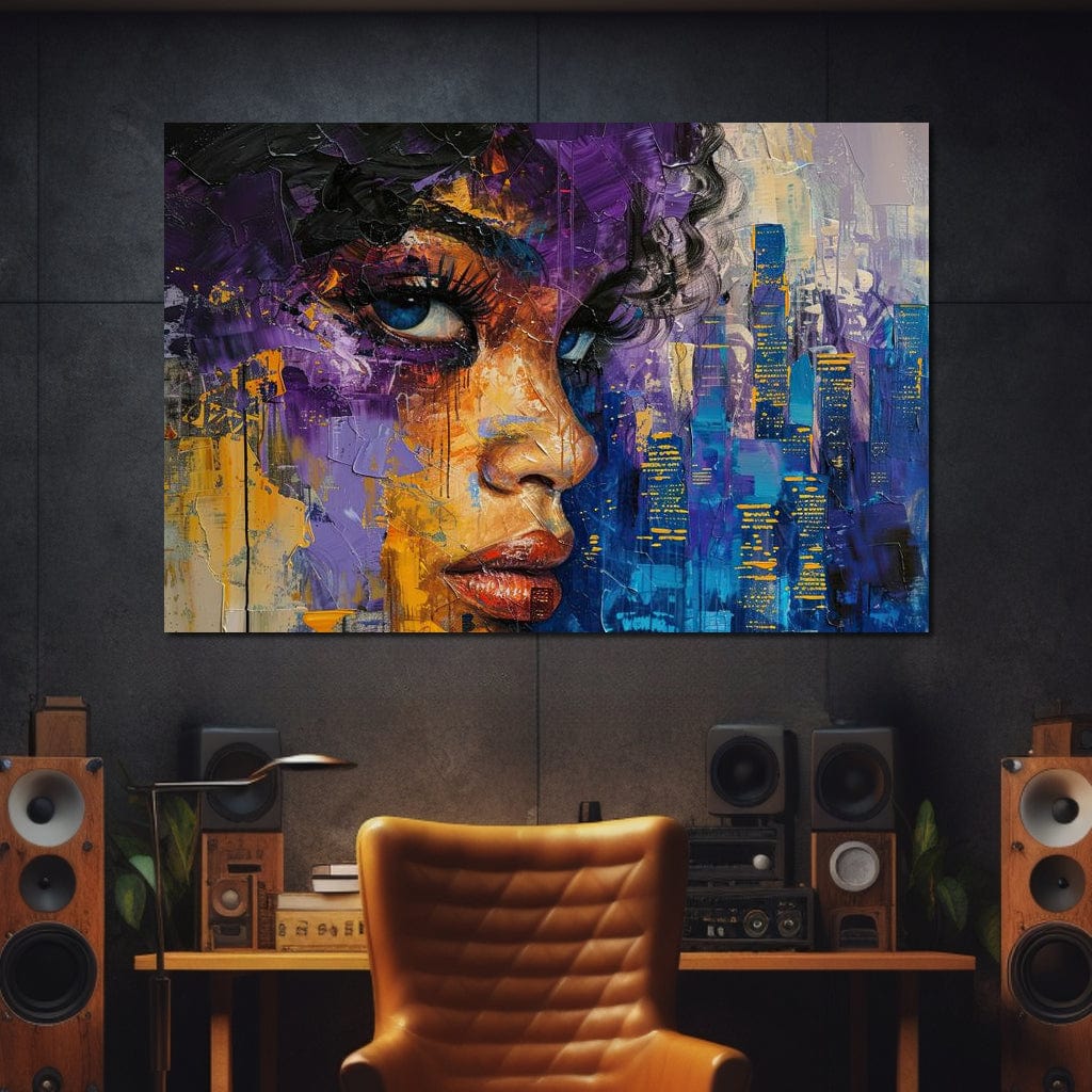 Tablou Canvas Premium LuxCanva® G1010, Femeia si Lumina Orasului , Urban, Metropola, Privire, Femeie, Violet, Living, Dormitor, Culori vibrante