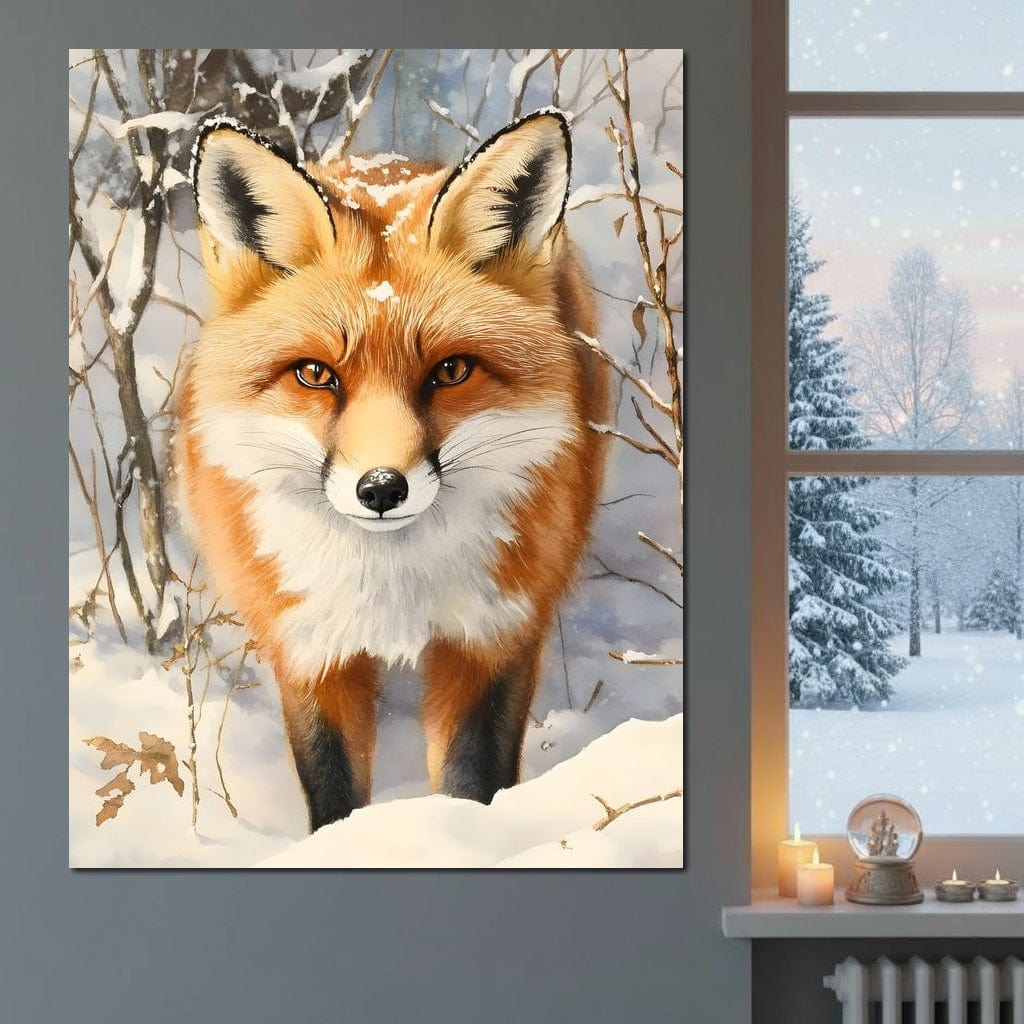 tablou canvas cu o vulpe cu blanita aramie, intr-un cadru cu peisaj de iarna si zapada