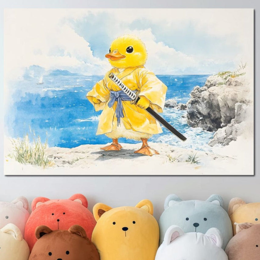 Tablou Canvas Premium, LuxCanva® K1026, Ratoiul Samurai, Amuzant, Galben, Copii, Umor, Sabie, Animatie, Mare, Stanci, Japonez, Caricatural, Gradinita, Loc de Joaca, Camera Copii