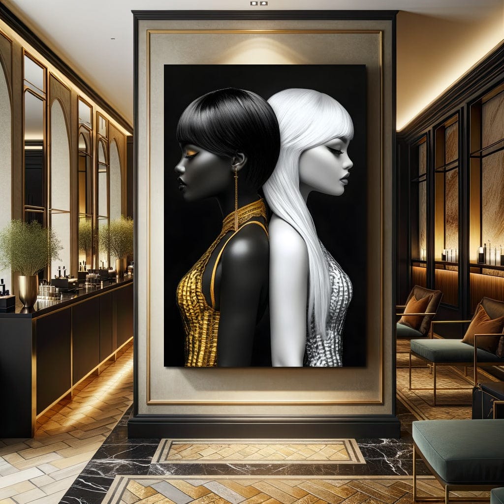 Tablou Canvas Premium, LuxCanva® G1124, Lumini si Umbre, Contrast, Alb, Negru, Dualitate, Feminina, Argint, Yin, Yang, Aur, Fete, Living, Dormitor