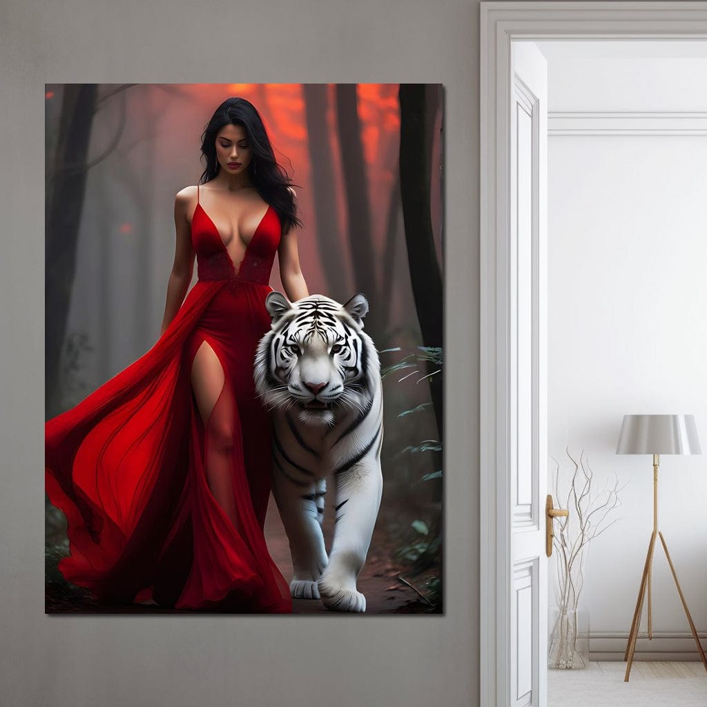 tablou canvas cu o femeie seducatoare in rochie rosie si un tigru alb, pe fundalul unei paduri la apus de Soare