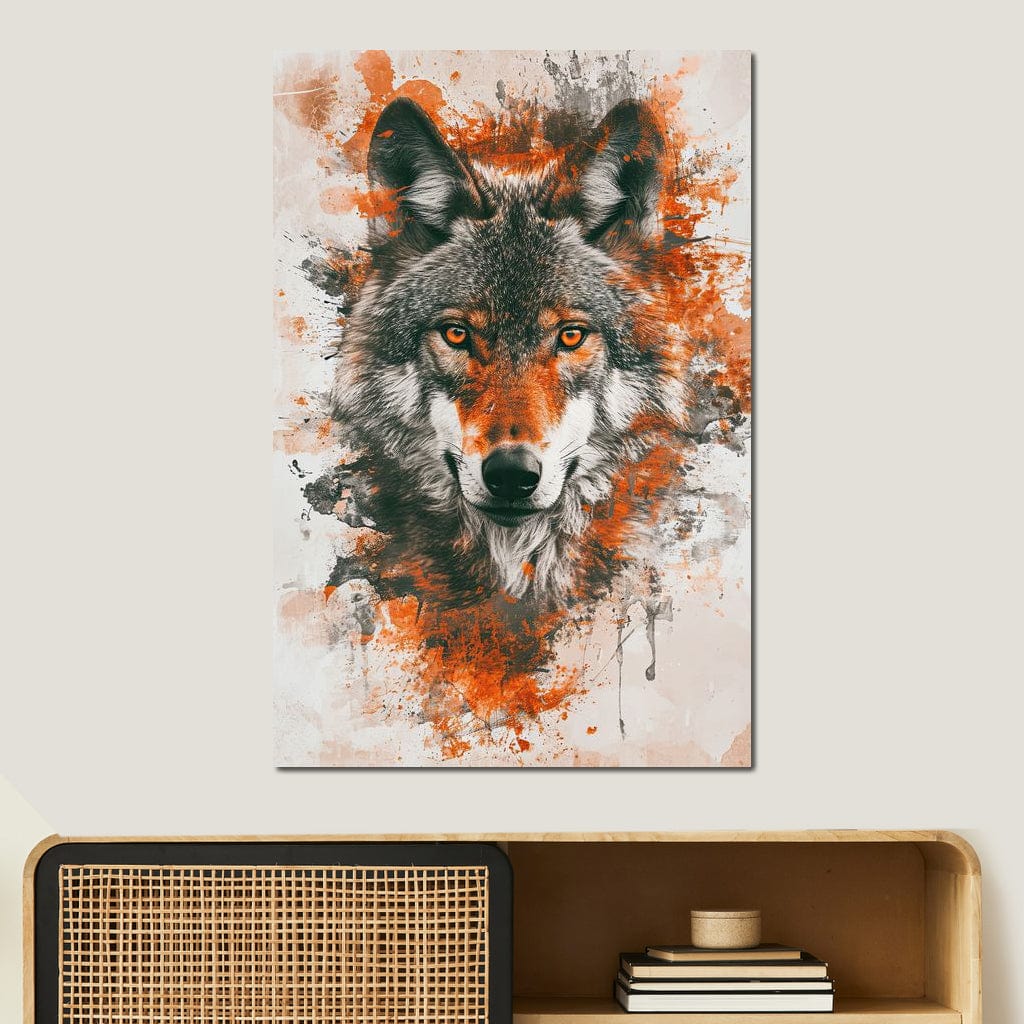 tablou canvas cu un cap de lup cu ochii rosii, pe fundal deschis pictat cu accente rosii si negre