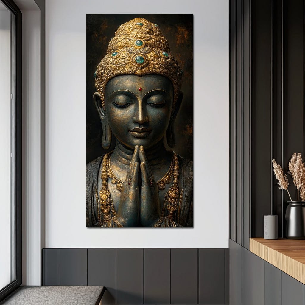 Tablou Canvas Premium, LuxCanva® I145, Rugaciune Zen, Buddha, Zen, Liniste, Intelepciune, Iluminare, Spiritualitate, Armonie, Urna, Coroana, Gold, Living, Dormitor