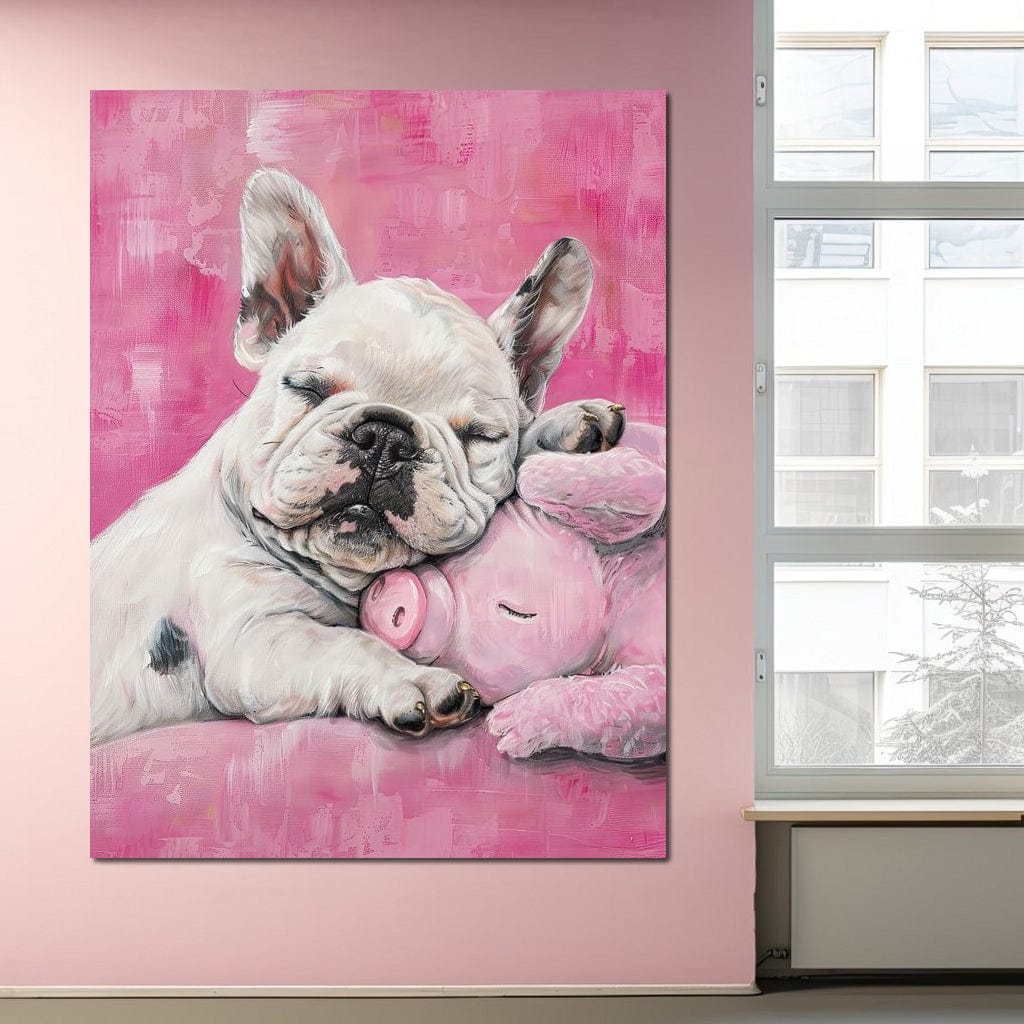 tablou canvas cu un bulldog francez alb imbratisand si dormind cu un porcusor mic si roz, pe fundal in roz vibrant stil pictura