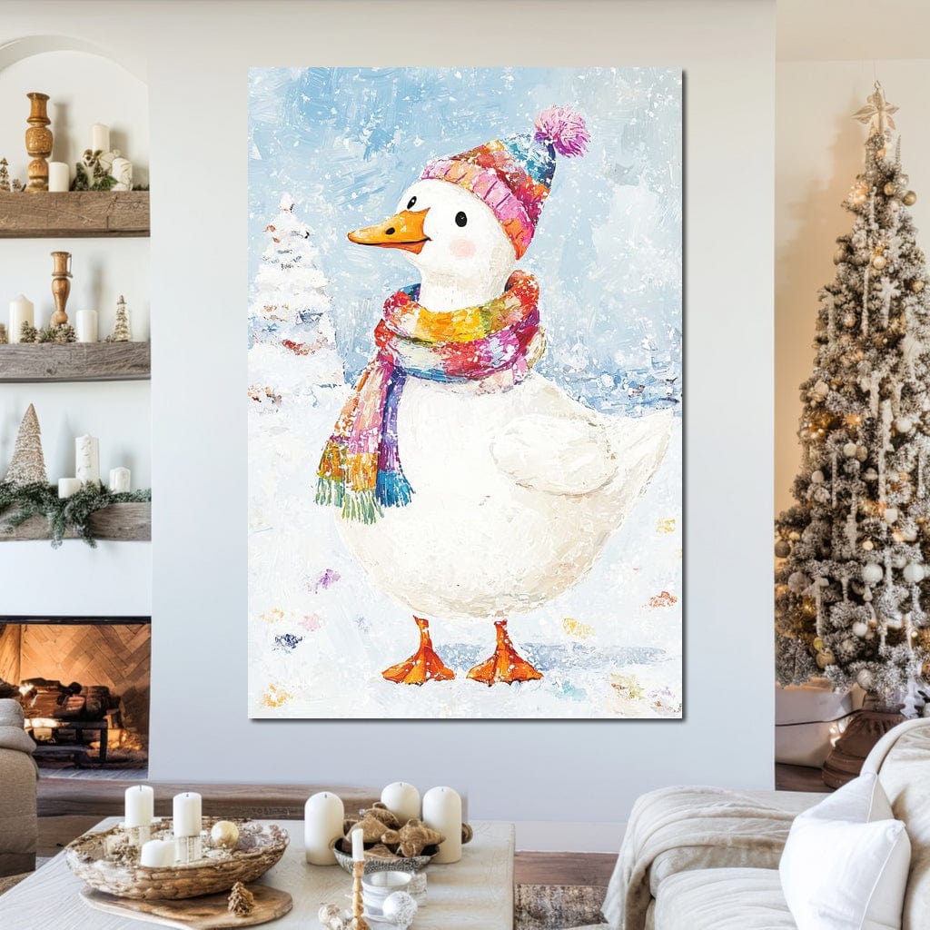Tablou Canvas Premium LuxCanva® D1048, Rata Vesela in Straie de Iarna , Rata, Iarna, Fular, Zambet, Caciula, Living Room, Culori vibrante
