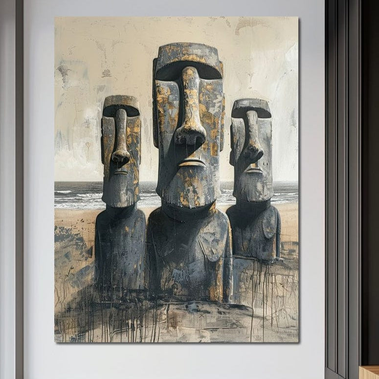 Tablou Canvas Premium, LuxCanva® O1056, Misterele Insulei Pastelui, Gardian, Tacere, Moai, Strajer, Chipuri, Tacere, Piatra, Chile, Civilizatie, Pierdut, Statui, Pacific, Cultura, Birou, Living, Dormitor