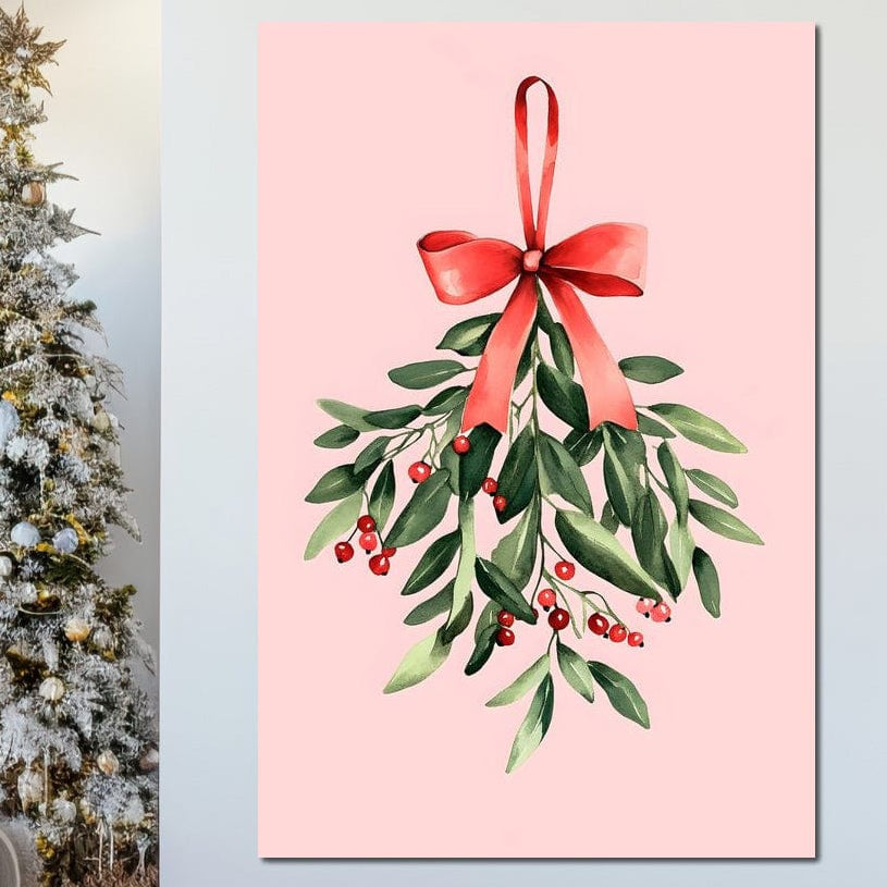 Tablou Canvas Premium, LuxCanva® D1082, Ramura cu Funda Rosie, Christmas, Planta, Bradut, Frunze, Festiv, Elegant, Roz, Iarna, Anotimp, Simplitate, Verde, Atmosfera, Camera Copil, Living, Dormitor