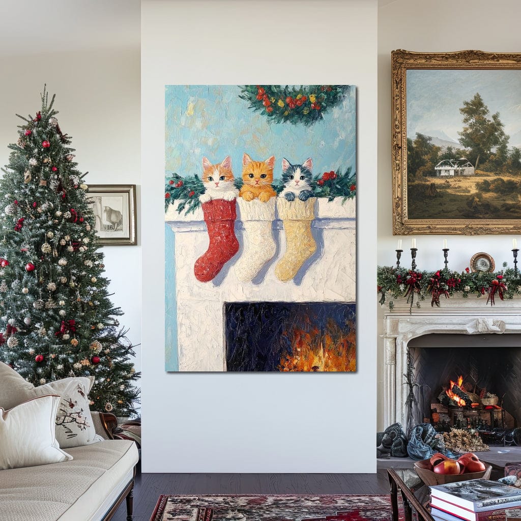 Tablou Canvas Premium LuxCanva® D1022, In asteptarea lui Mos Nicolae , Pisicute, Sosete, Semineu, Asteptare, Daruri, Living Room, Culori vibrante