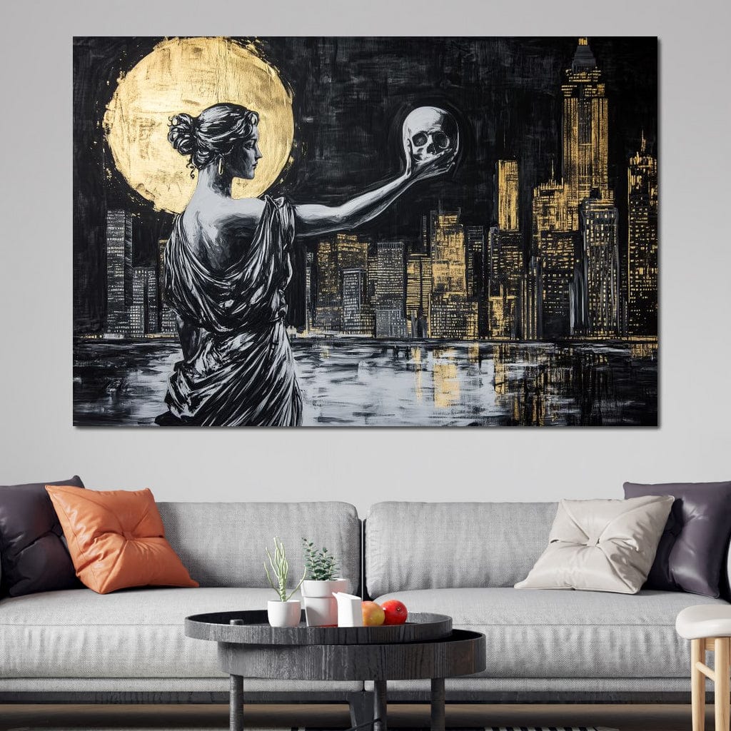 Tablou Canvas Premium, LuxCanva® G1119, Orasul si Tacerea, Craniu, City, Apus, Dialog, Eternitate, Destin, Viitor, Luna, Abstract, Living, Dormitor