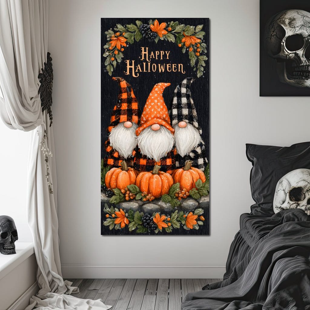 tablou canvas cu trei pitici cu trei dovleci in tema sarbatorii de Halloween, pe fundal intunecat