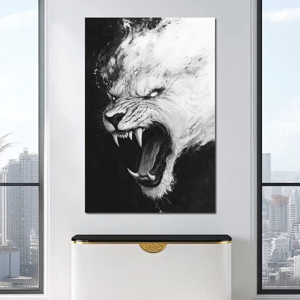 tablou canvas cu un tigru strigoi, redat in nuante de alb si negru, pe fundal intunecat