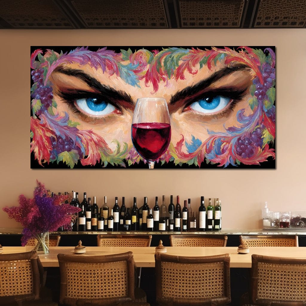 tablou canvas cu ochi albastri privind un pahar de vin rosu, intr-un cadru cu flori multicolore si struguri