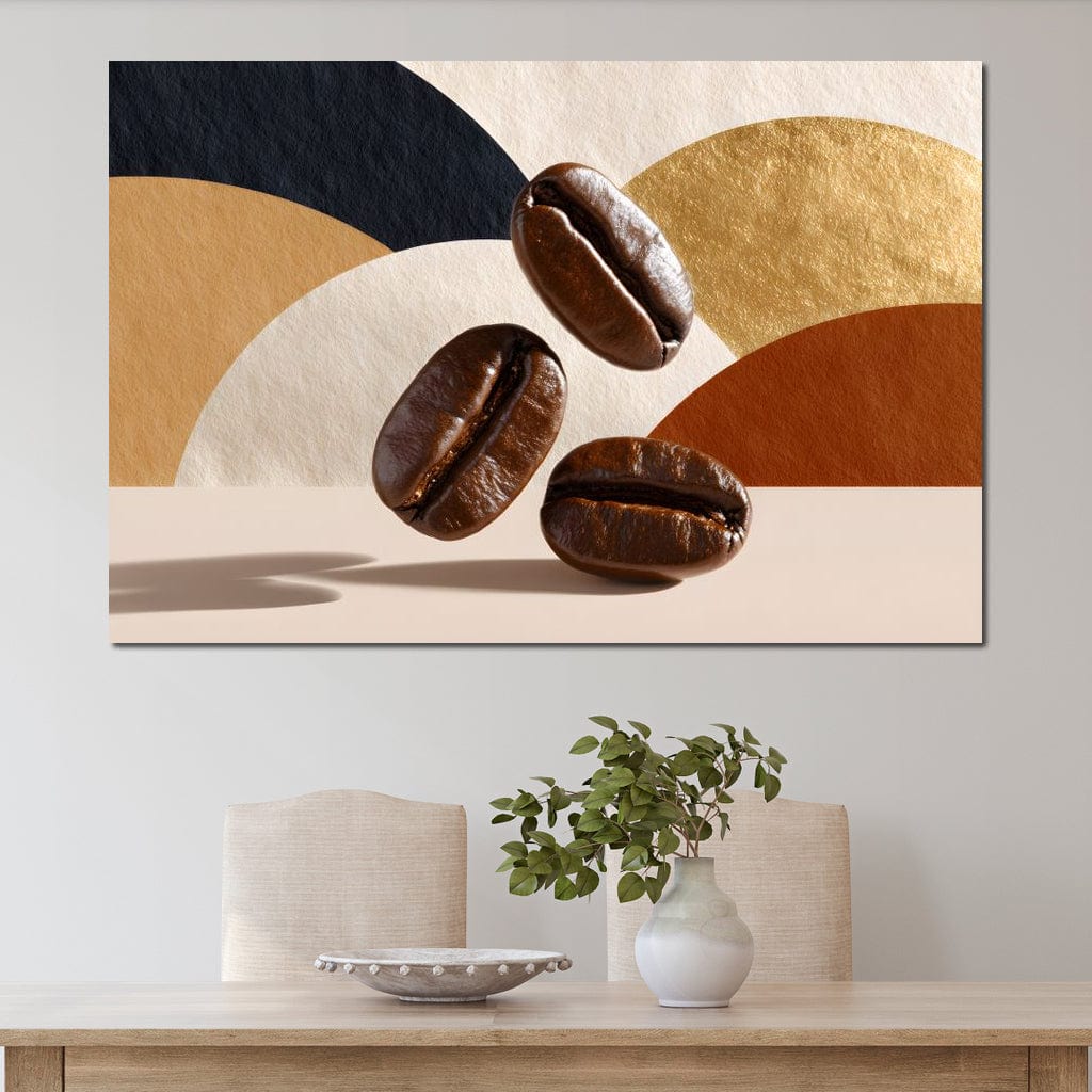 tablou canvas cu trei boabe de cafea pe fundal abstract cu cercuri in nuante de bej, auriu si aramiu