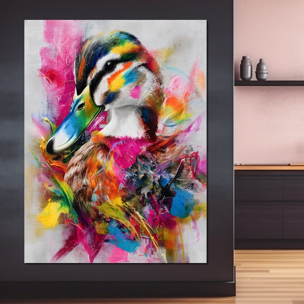 tablou canvas cu o rata cu penaj viu colorat, pe fundal multicolor