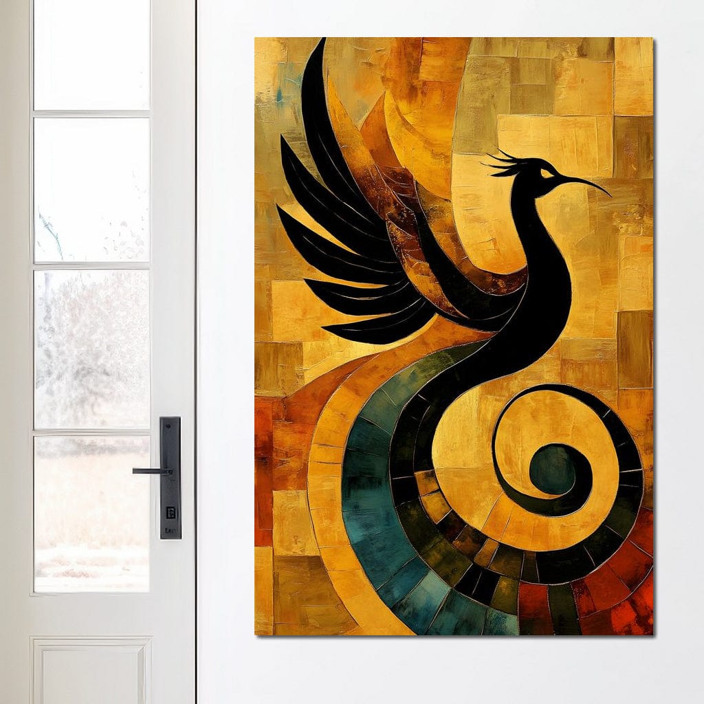 tablou canvas cu o pasare neagra stilizata pe fundal galben, rosu si portocaliu