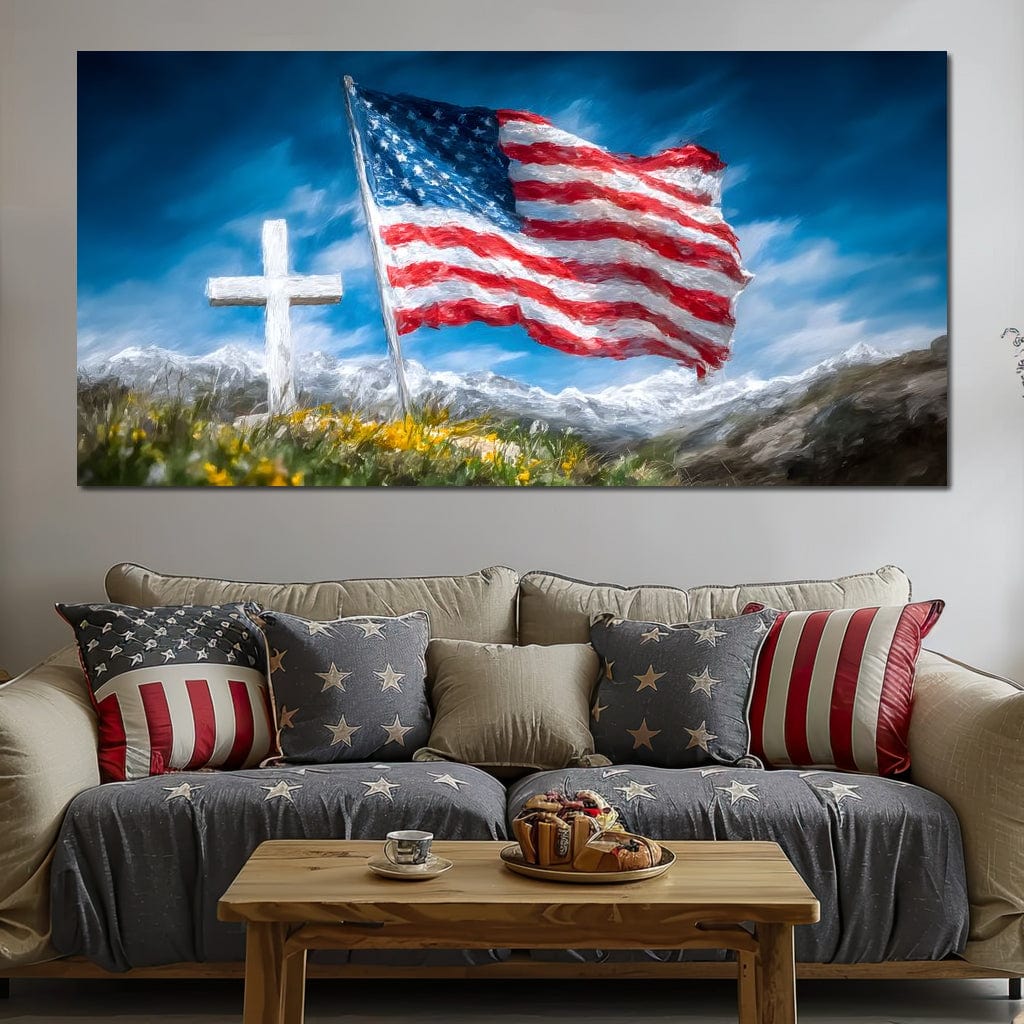 tablou canvas cu steagul american fluturand langa o cruce alba pe fundal de cer albastru si peisaj montan