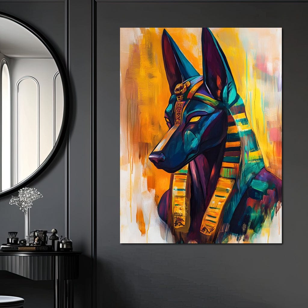 tablou canvas cu portretul zeului egiptean Anubis, reinterpretat modern in nuante vibrante de albastru regal, auriu si mov, p