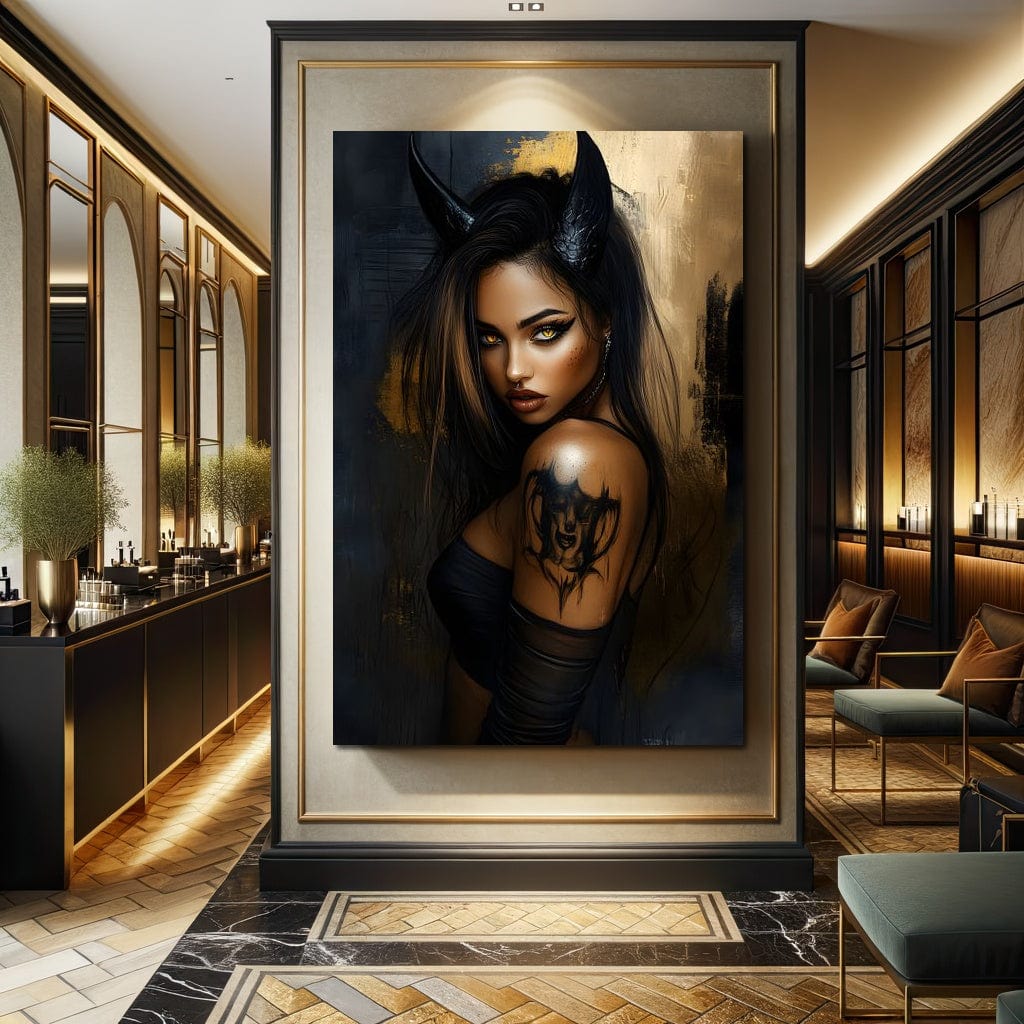 Tablou Canvas Premium, LuxCanva® G1192, Inger Intunecat,Portret, Dark, Fantasy, Coarne, Tatuaj, Aur, Negru, Rebela, Neamblanzita, Lumini, Umbre, Pericol, Birou, Living, Dormitor