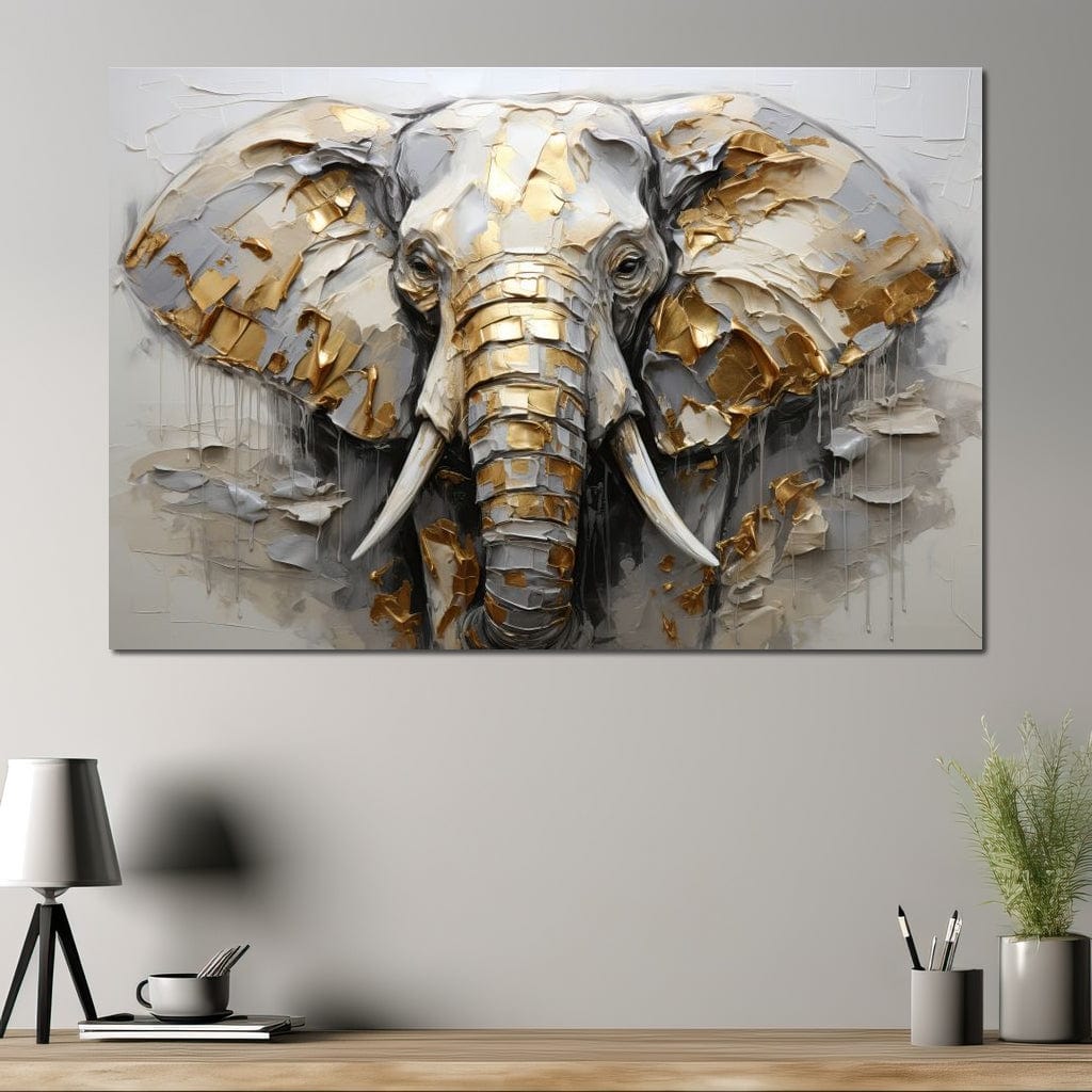 tablou canvas cu un elefant redat in stil abstract si texturat, in nuante de argintiu cu accente aurii