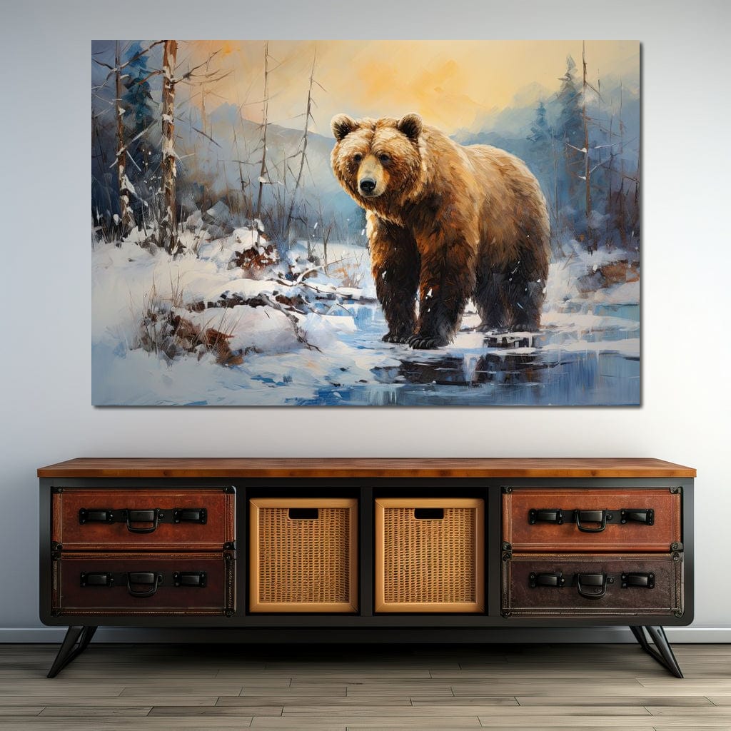 tablou canvas cu un urs intr-un peisaj montan de iarna