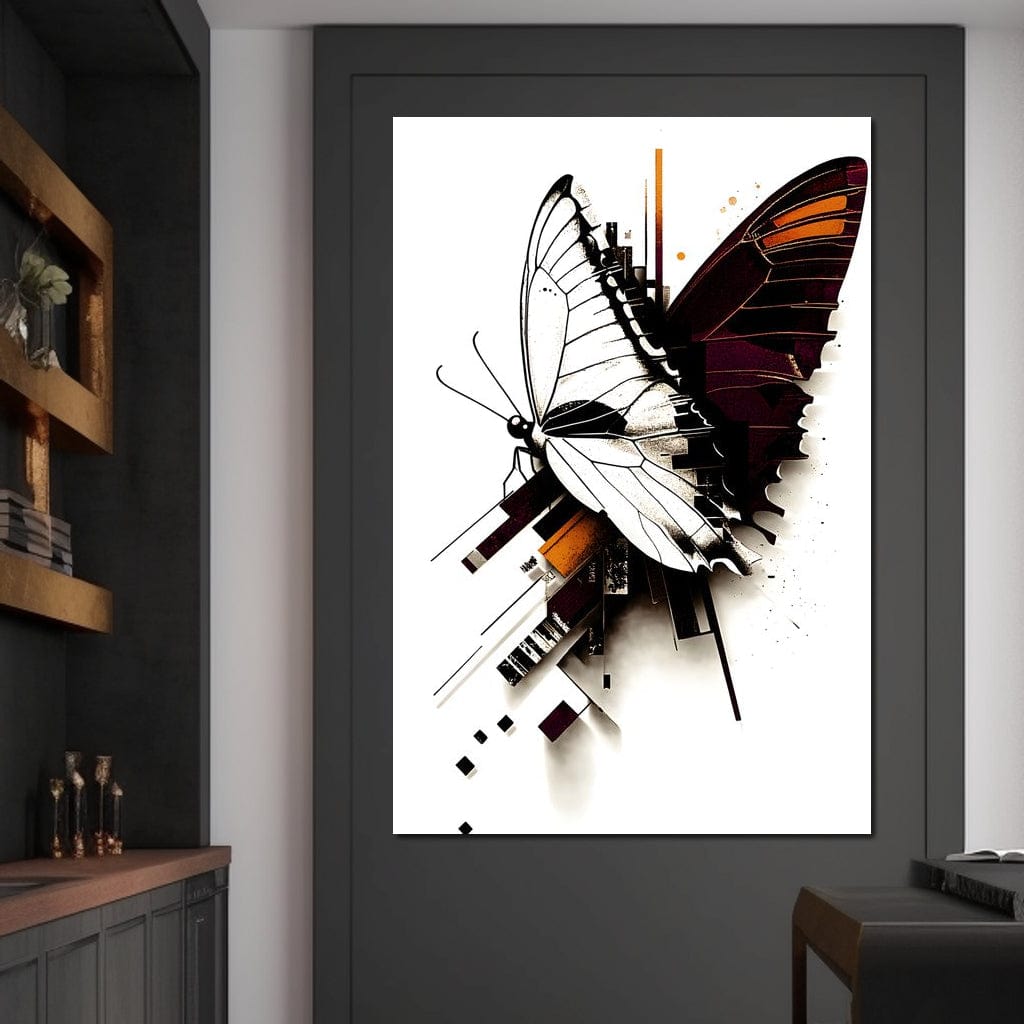 tablou canvas cu un fluture desenat in alb negru, pe fundal abstract, liniar si deschis